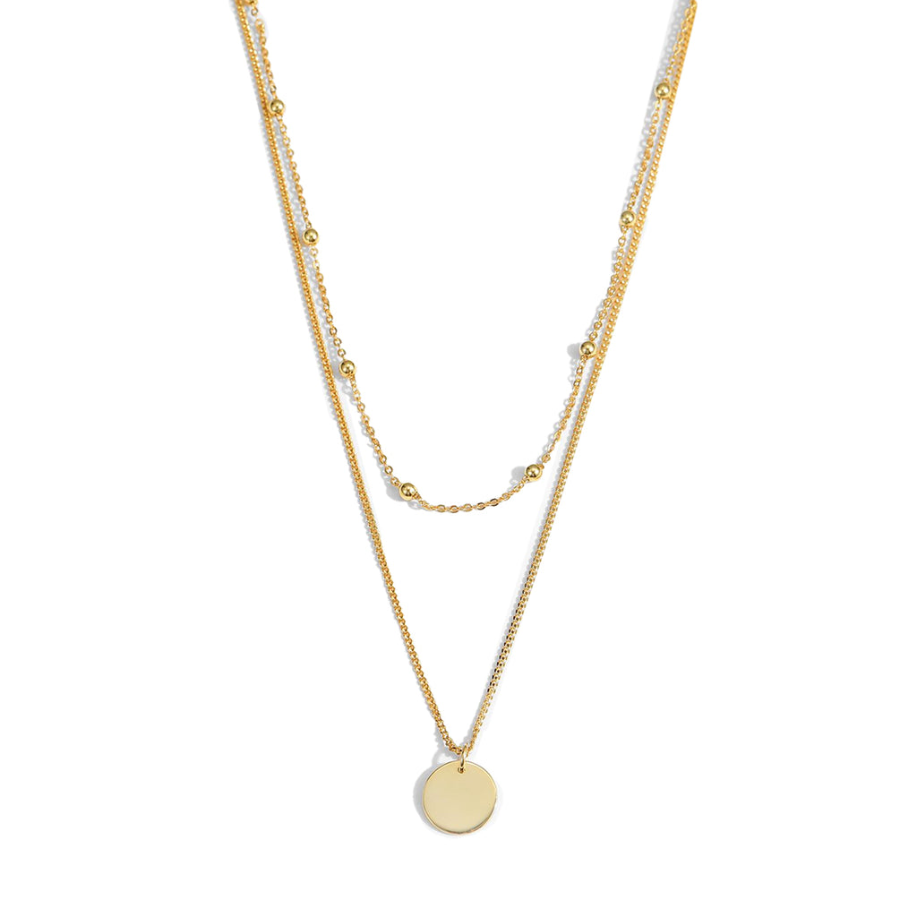 Choker Double Beads Chain Tag Coin 925 Sterling Silver Necklace