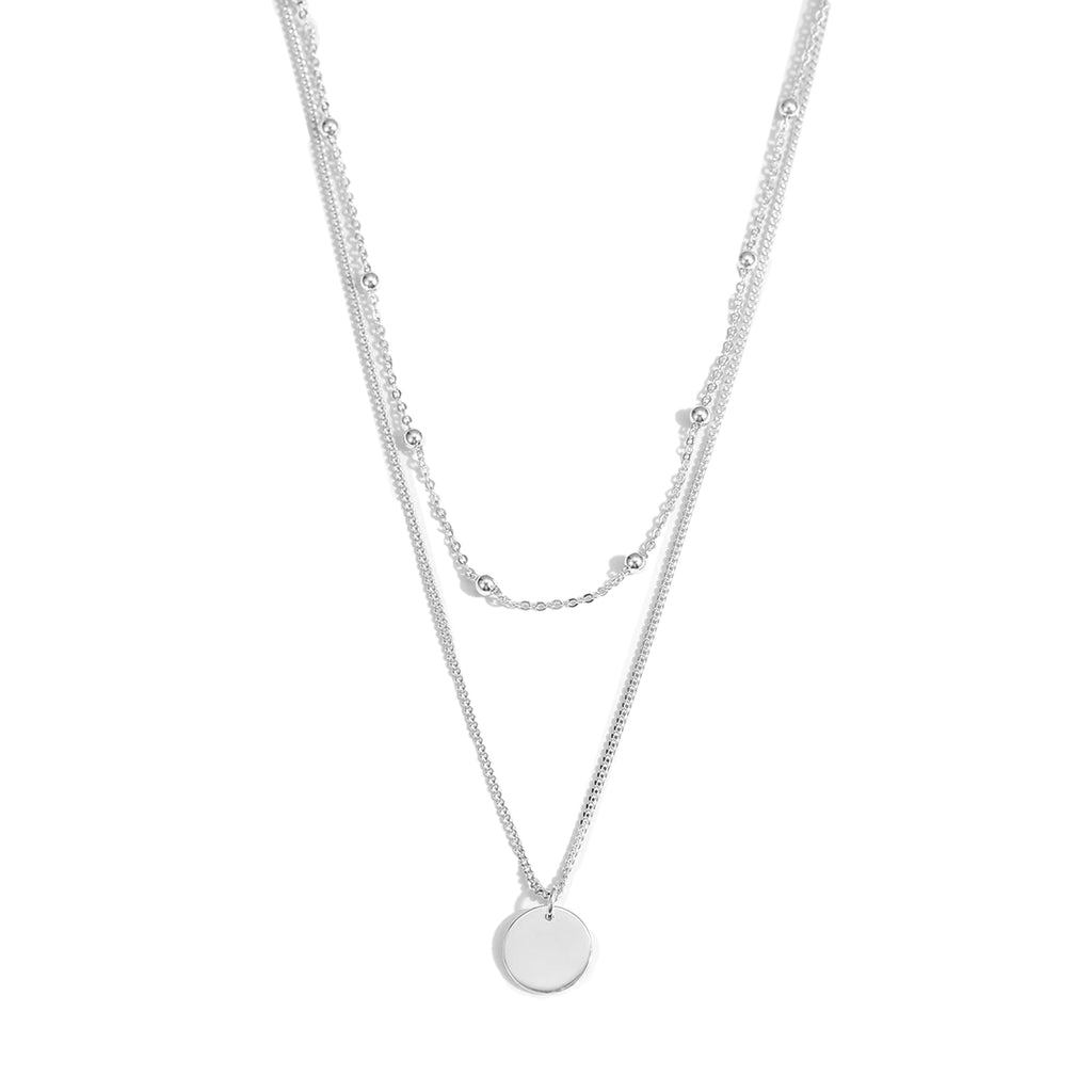 Choker Double Beads Chain Tag Coin 925 Sterling Silver Necklace