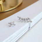 Asymmetry CZ Leaves Branch 925 Sterling Silver Stud Earrings
