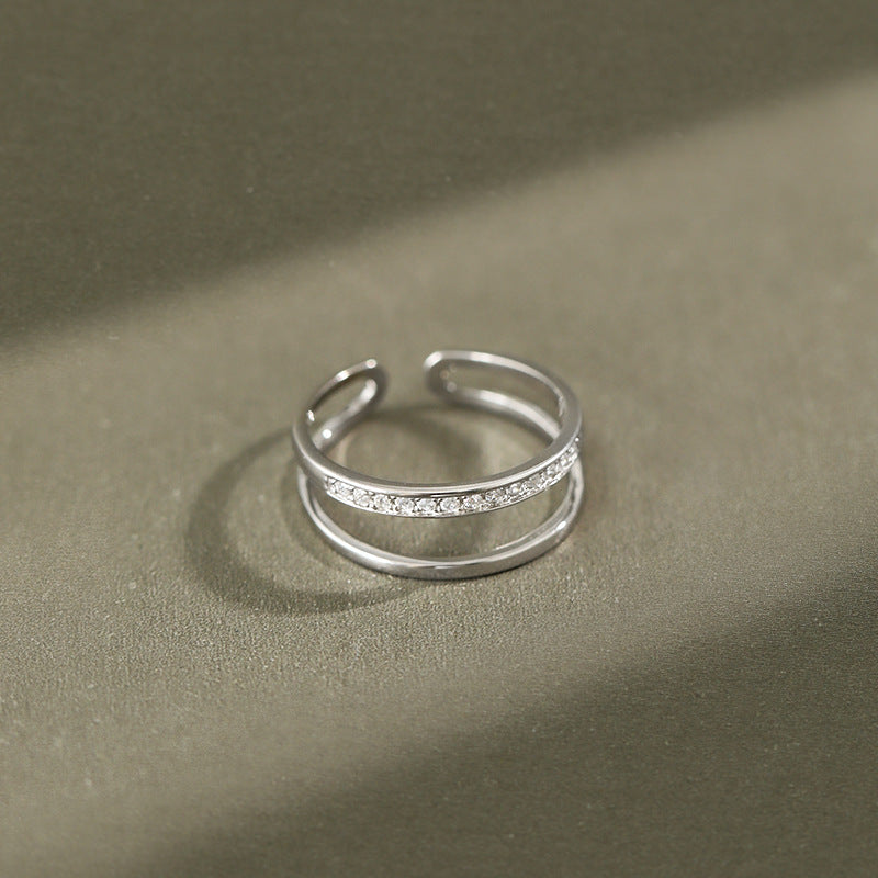 Women Double Layer CZ Lines 925 Sterling Silver Adjustable Ring