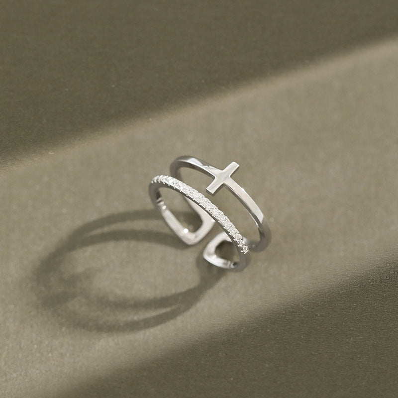 Elegant Double Layer Cross CZ 925 Sterling Silver Adjustable Ring