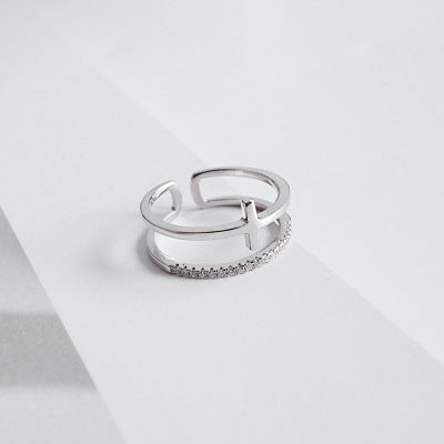 Elegant Double Layer Cross CZ 925 Sterling Silver Adjustable Ring