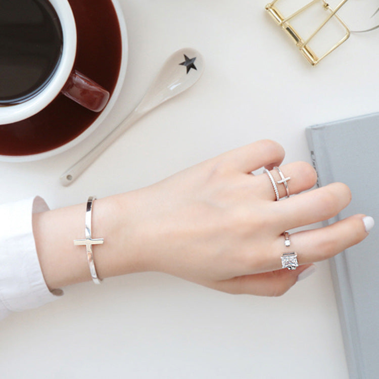 Elegant Double Layer Cross CZ 925 Sterling Silver Adjustable Ring