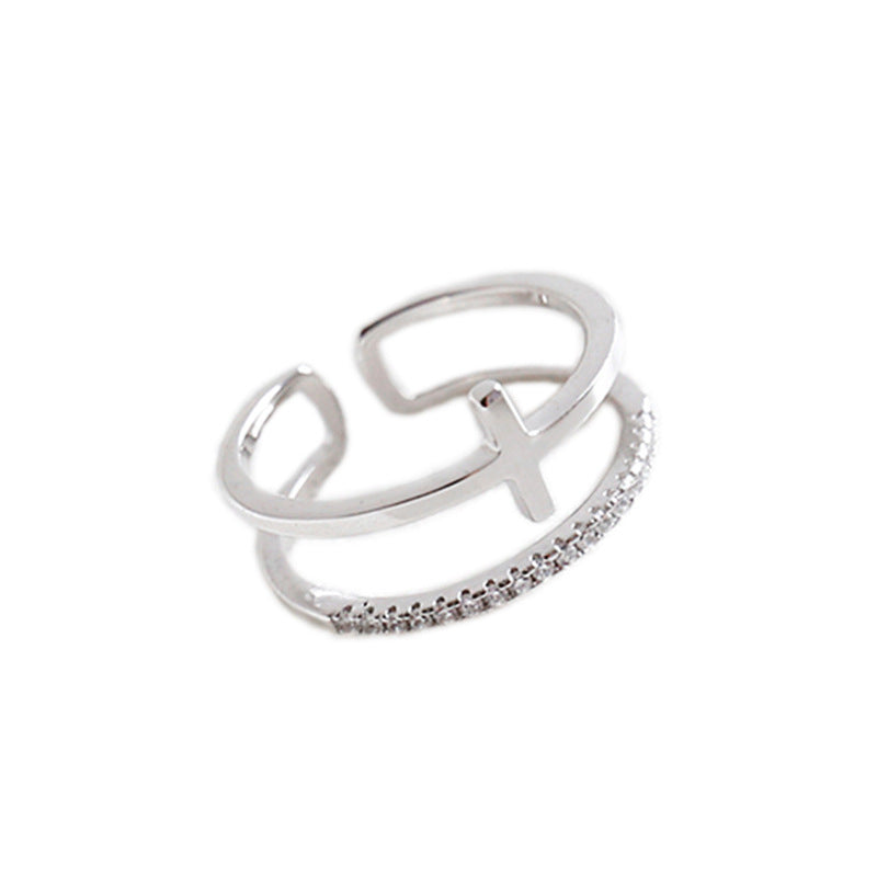 Elegant Double Layer Cross CZ 925 Sterling Silver Adjustable Ring