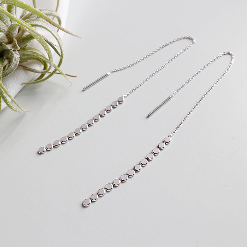 Elegant Flat Beads Tassels  925 Sterling Silver Thread Dangling Earrings