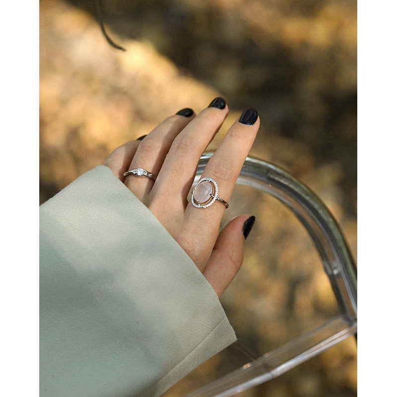 Women Round Pink CZ Circle 925 Sterling Silver Adjustable Ring
