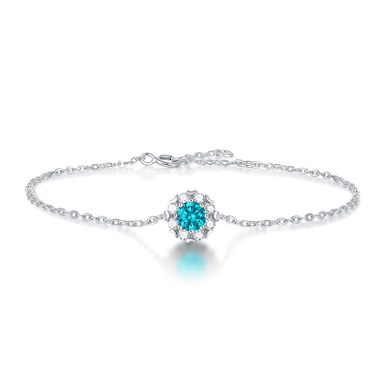 Bridesmaid Blue Moissanite CZ Flower 925 Sterling Silver Bracelet
