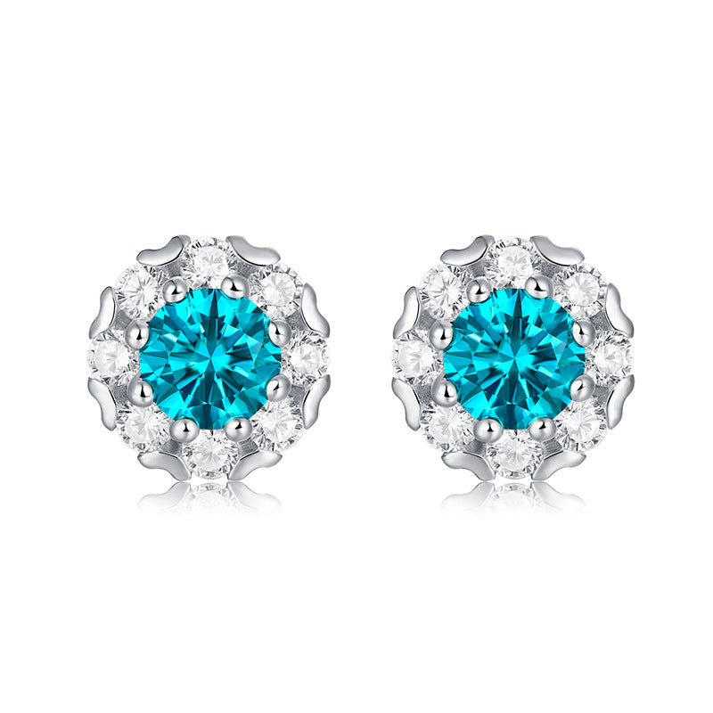 Casual Round  Moissanite CZ Heart Border Snowflake 925 Sterling Silver Stud Earrings