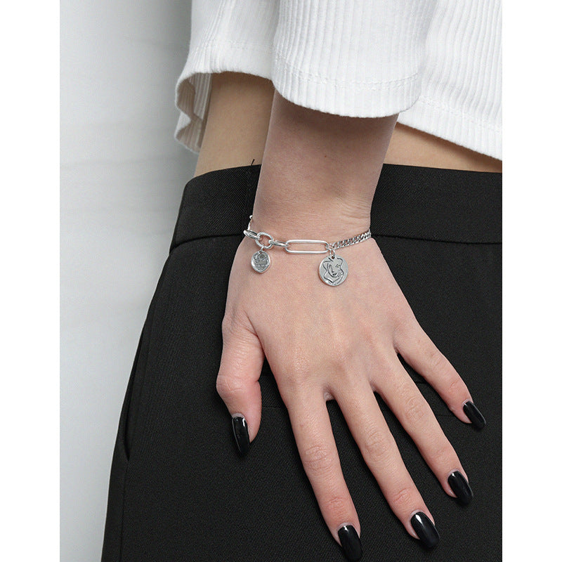 Asymmetry Curb Paperclip Chain Portrait Vintage 925 Sterling Silver Bracelet