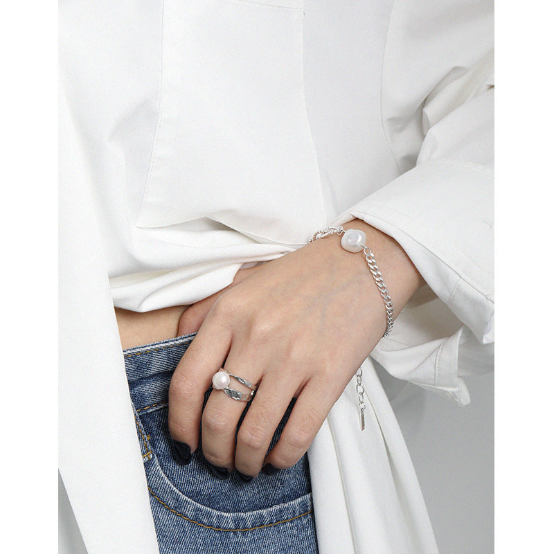 Asymmetry Chain Baroque Natural Pearl 925 Sterling Silver Bracelet