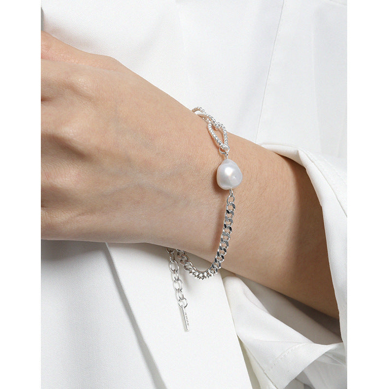Asymmetry Chain Baroque Natural Pearl 925 Sterling Silver Bracelet