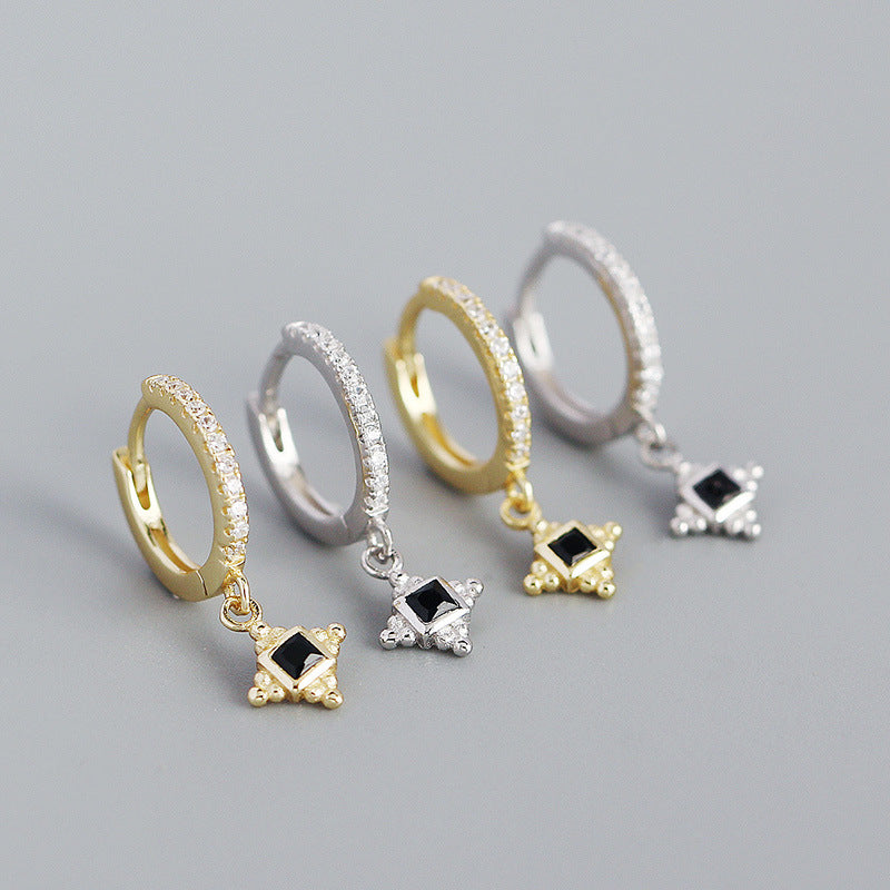 Modern Black CZ  Quadrangular Star 925 Sterling Silver Hoop Earrings