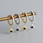 Modern Black CZ  Quadrangular Star 925 Sterling Silver Hoop Earrings