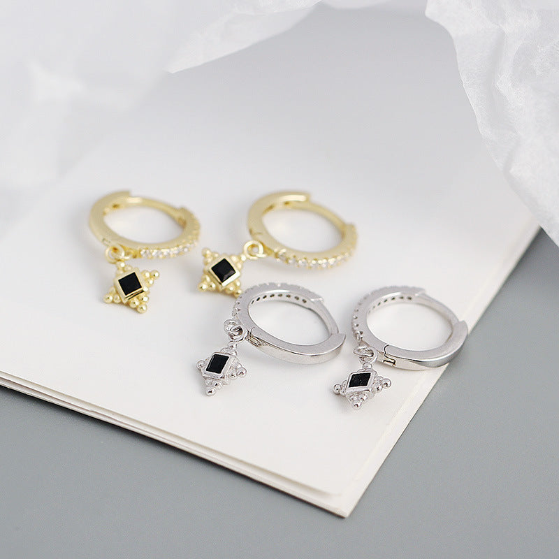 Modern Black CZ  Quadrangular Star 925 Sterling Silver Hoop Earrings