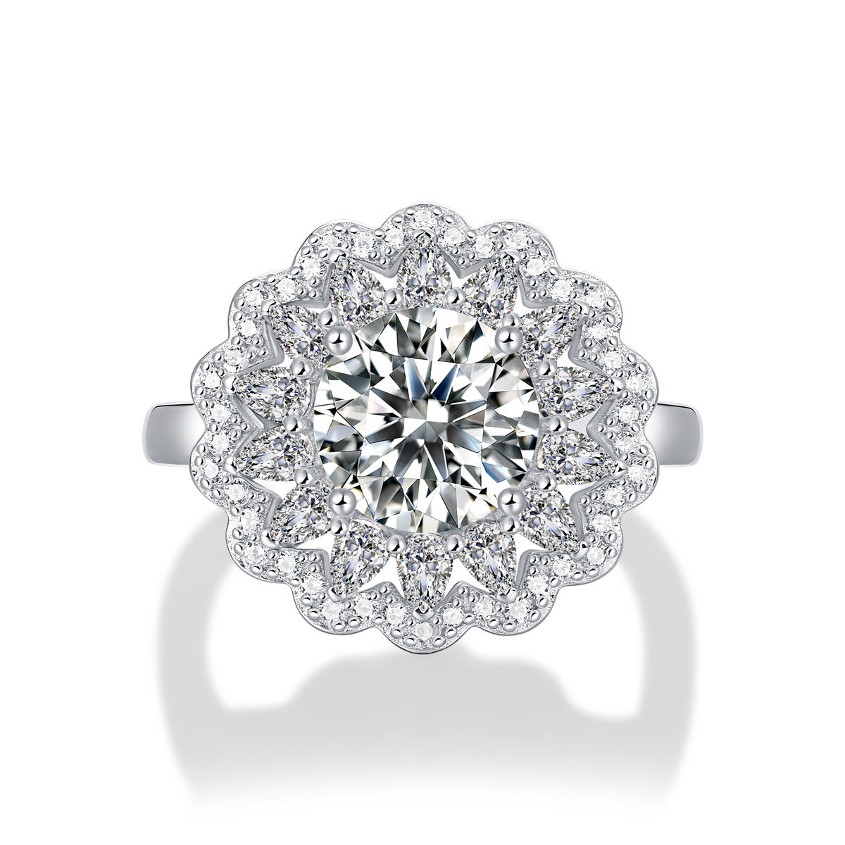 Beautiful 2ct Moissanite CZ Flower 925 Sterling Silver Adjustable Ring