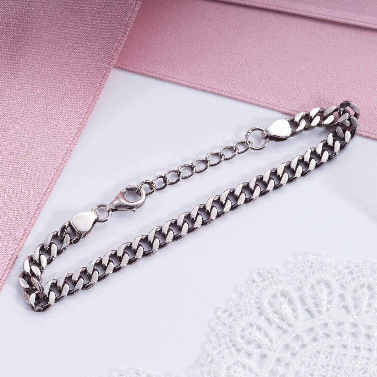 Fashion Vintage Beveled Cuban Curb Bracelet Solid 925 Sterling Silver Link Chain