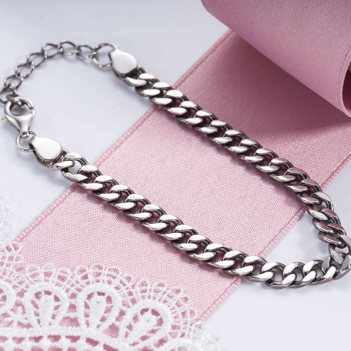 Fashion Vintage Beveled Cuban Curb Bracelet Solid 925 Sterling Silver Link Chain