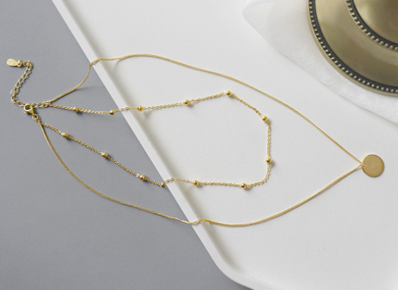 Choker Double Beads Chain Tag Coin 925 Sterling Silver Necklace