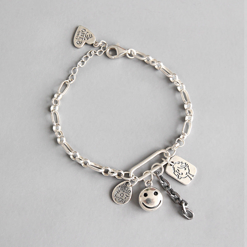 Retro Smile Face Waterdrop Heart Doll Tag 925 Sterling Silver Chain Bracelet