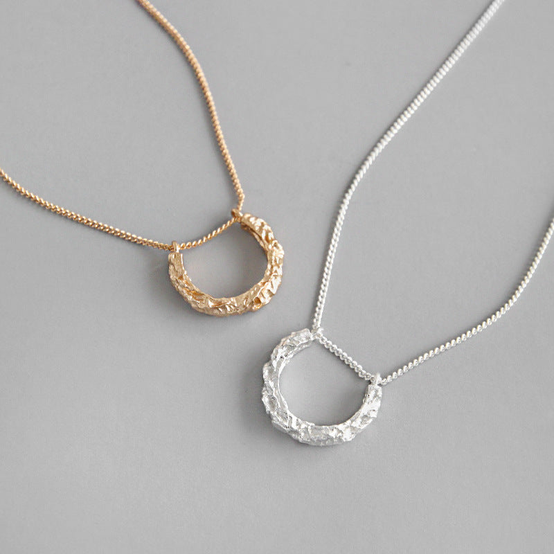 Classic Geometric Irregular Surface Semicircle 925 Sterling Silver Necklace
