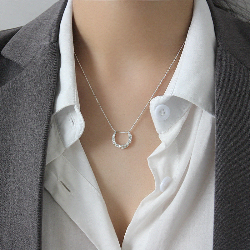Classic Geometric Irregular Surface Semicircle 925 Sterling Silver Necklace
