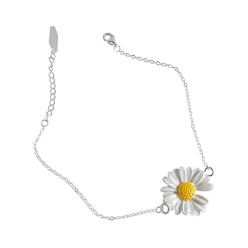 Girl Enamel White Daisy Flower 925 Sterling Silver Bracelet