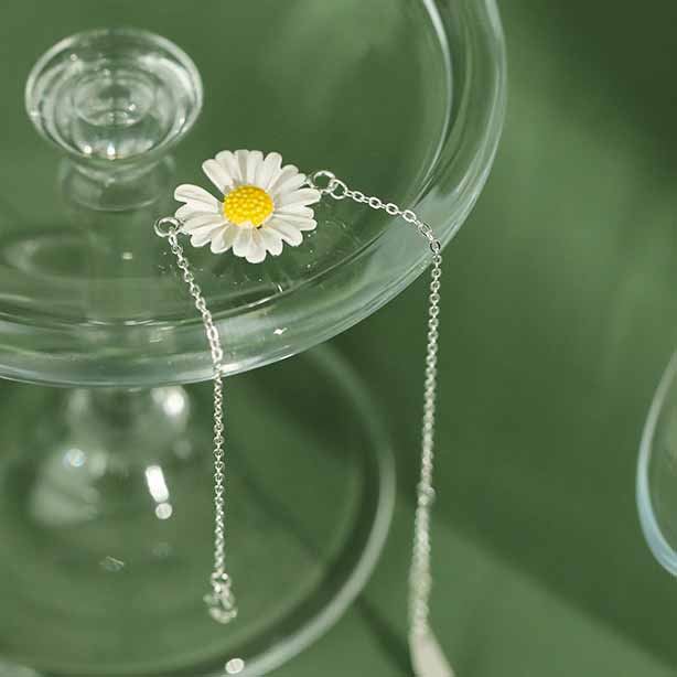 Girl Enamel White Daisy Flower 925 Sterling Silver Bracelet