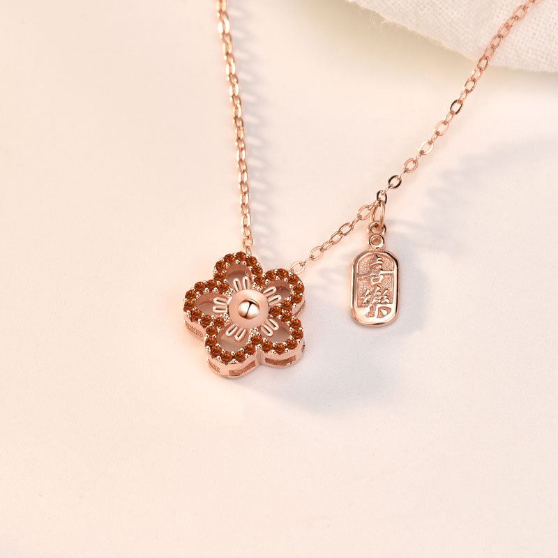 Beautiful Red CZ Hollow Flower 925 Sterling Silver Necklace