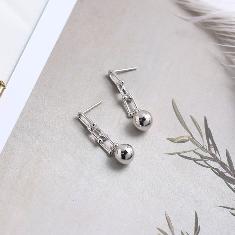 Modern Hollow Chain Tassels Ball 925 Sterling Silver Dangling Earrings