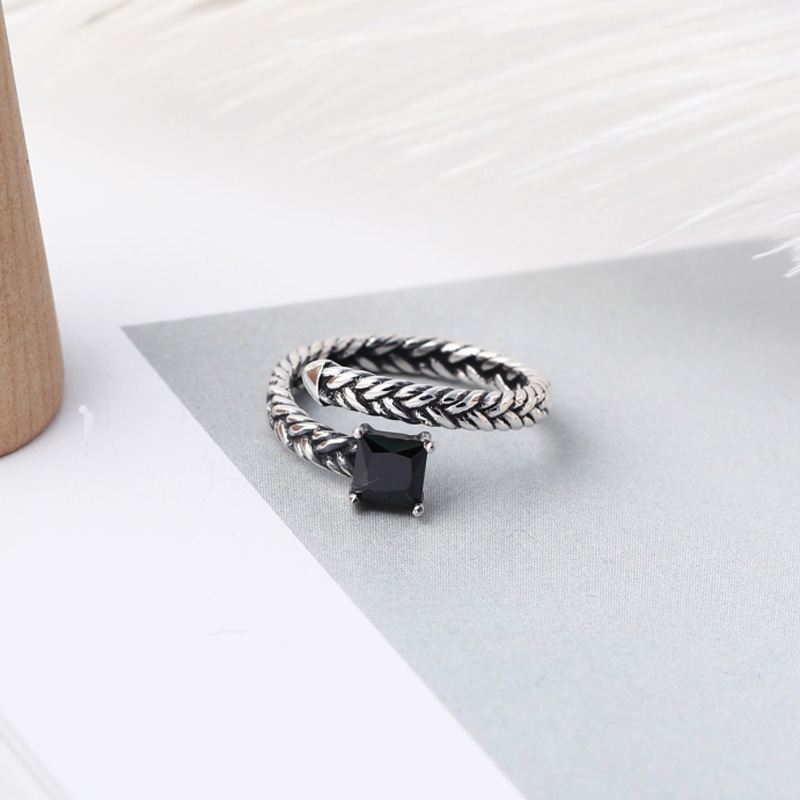 Vintage Twisted Black CZ 925 Sterling Silver Adjustable Ring