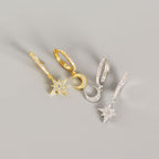 Asymmetry CZ Star Crescent Moon 925 Sterling Silver Leverback Earrings