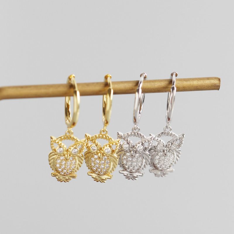 Animal CZ Owl 925 Sterling Silver Hoop Earrings