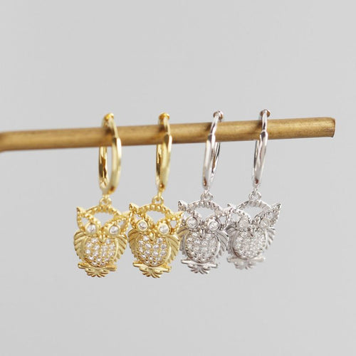 Animal CZ Owl 925 Sterling Silver Hoop Earrings