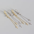 Elegant CZ Cross Tassels 925 Sterling Silver Hoop Earrings