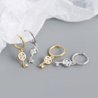 New Four Leaf Clover Key 925 Sterling Silver Hoop Earrings