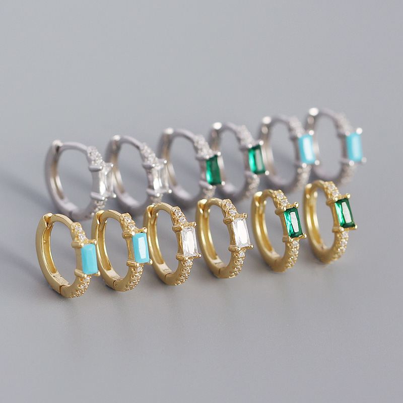 New Rectangle CZ Geometry 925 Sterling Silver Huggie Hoop Earrings