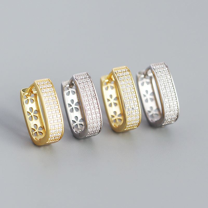 Office Micro Setting CZ U Shape 925 Sterling Silver Hoop Earrings