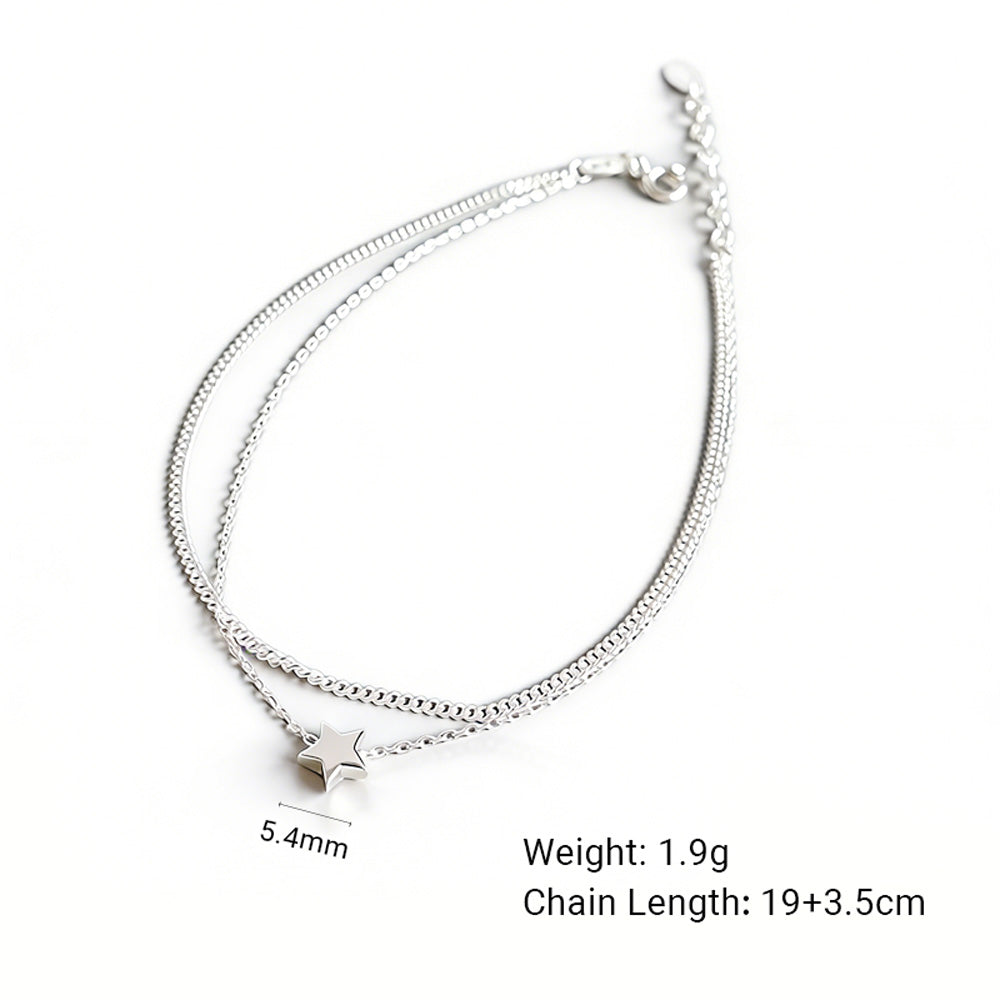 Casual Double Layers Rolo Chain Mini Star 925 Sterling Silver Anklet