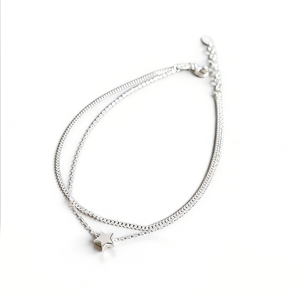Casual Double Layers Rolo Chain Mini Star 925 Sterling Silver Anklet